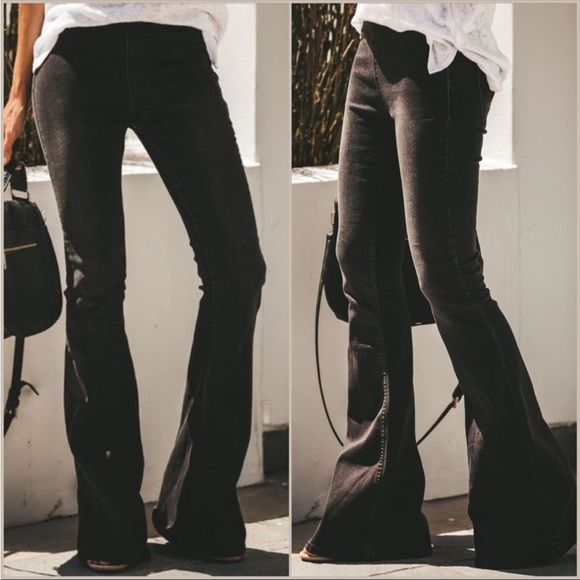 Black Vintage Washed Pull On Bell Bottom Flare Jeans with Raw Frayed Hem - Picture 5 of 5